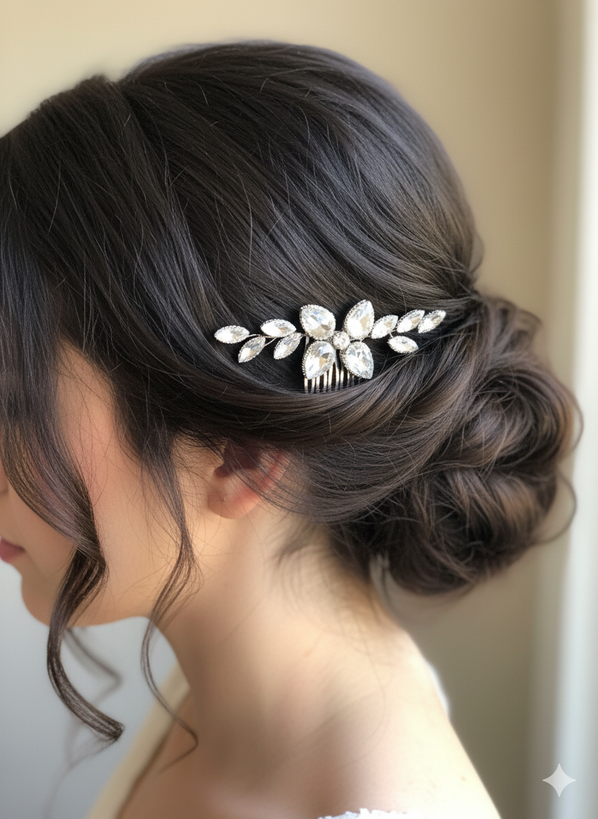 Close-up of a person with an elegant hairpiece featuring leaf-like designs.