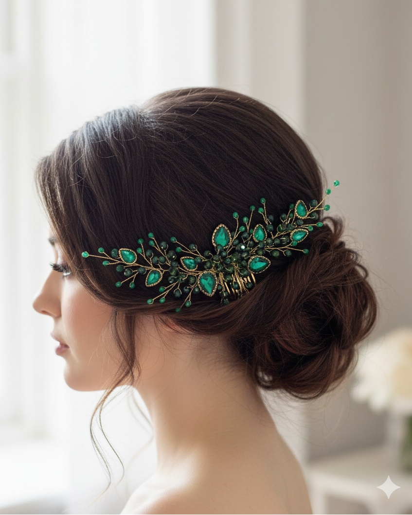 Woman with elegant hair styled with a green decorative headpiece against a soft background
