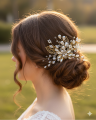 Woman with a decorative hairpiece featuring pearls and gold leaves against a blurred natural background