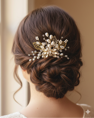 Elegant hairpiece with pearls and gold accents on a styled hairstyle against a neutral background