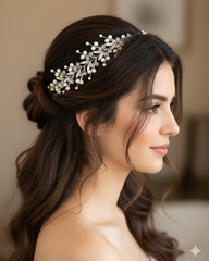 Woman with elegant hairpiece wearing a strapless dress, set against a neutral background