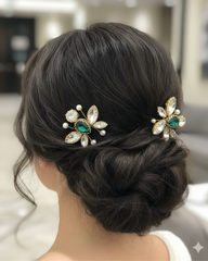 Hair bun with decorative hair pins on a blurred indoor background