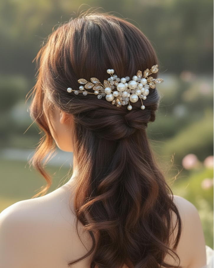 Woman with styled hair featuring a decorative hairpiece in an outdoor setting