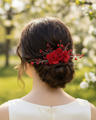 Woman with a stylish hair bun adorned with red flowers outdoors