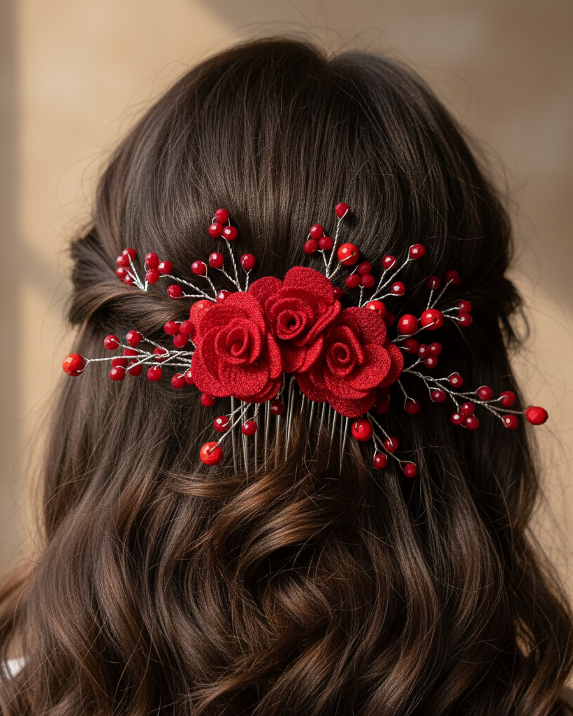 Hair accessory with red flowers and berries on a blurred background