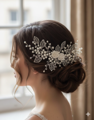 Woman with elegant hairpiece featuring pearls and leaves in a softly blurred indoor setting