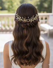Woman with braided hair wearing a decorative headpiece outdoors