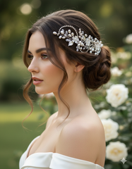 Woman with elegant hairpiece and white dress in a garden setting