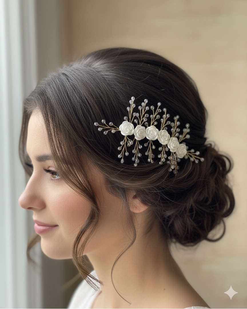 Woman with elegant hairpiece featuring flowers and pearls, set against a neutral background.