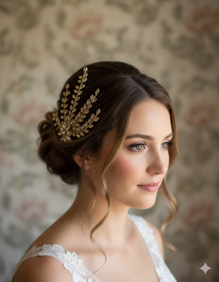 Woman with elegant hairpiece and wedding dress against a floral background
