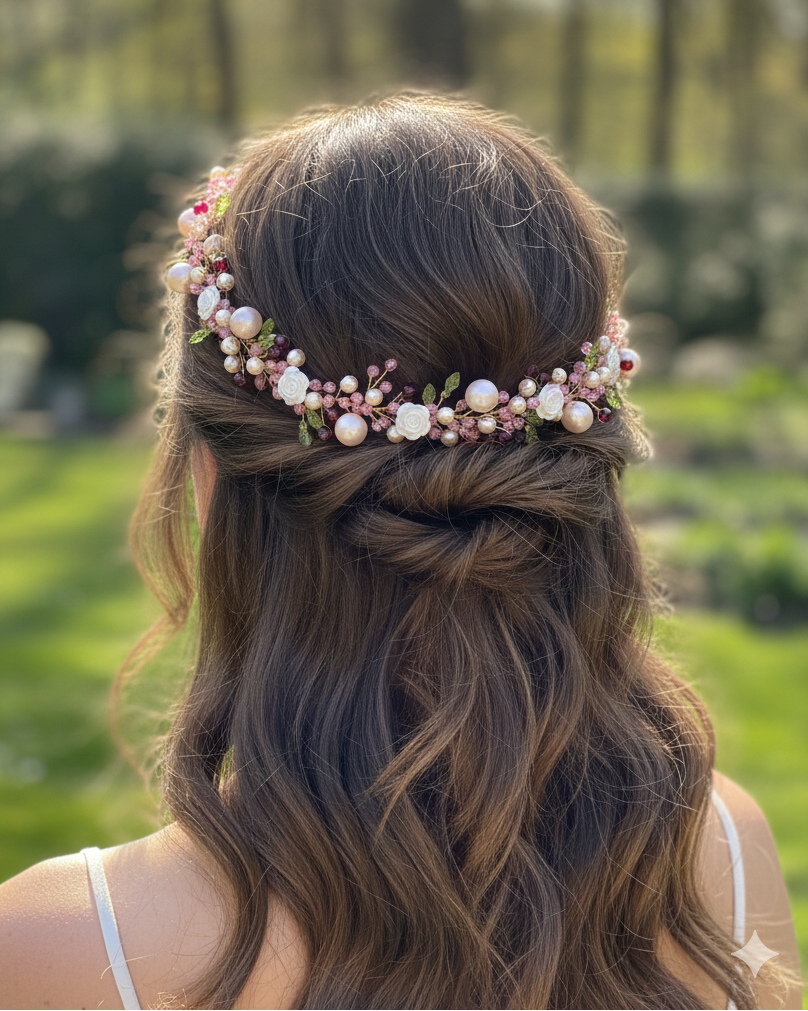 Woman with floral hair accessory in a park