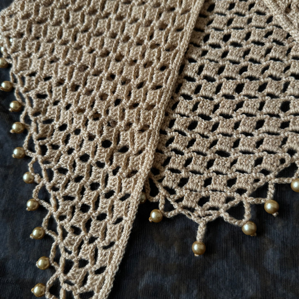 Handcrafted Crochet Raffia Hip Scarf & Tie Belt with Gold Bead Trim