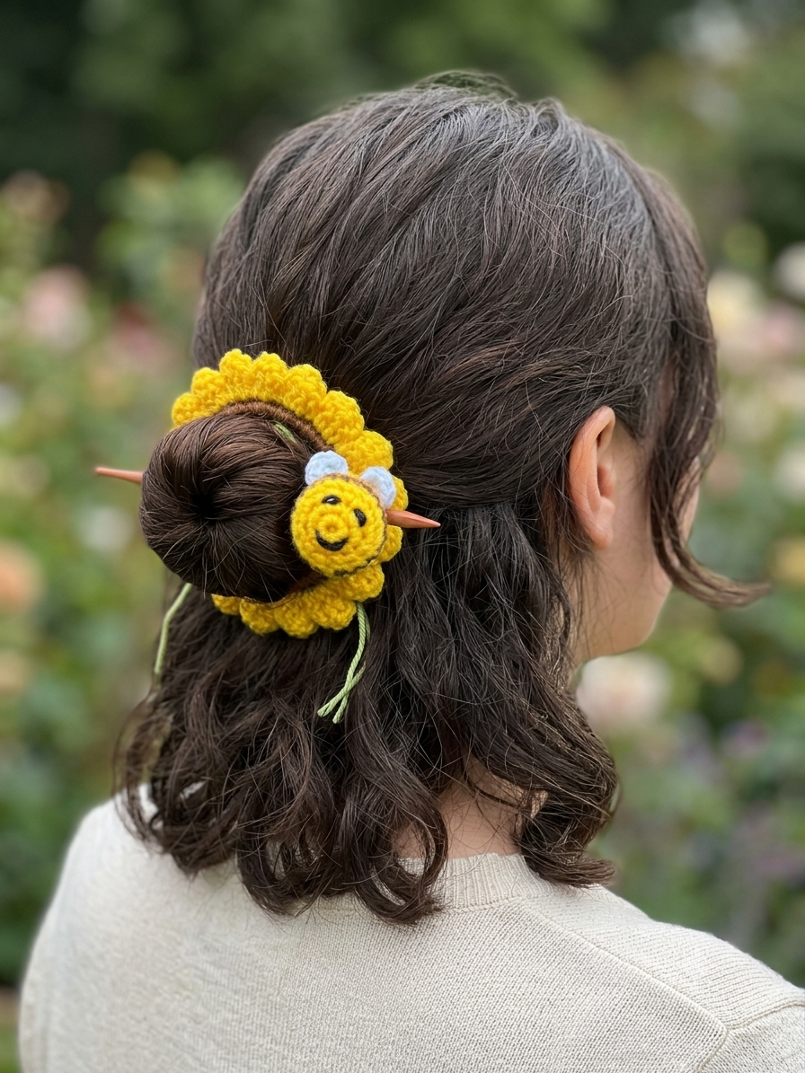 Handmade Crochet Sunflower & Bumblebee Hair Tie | Cute Amigurumi Flower Accessory
