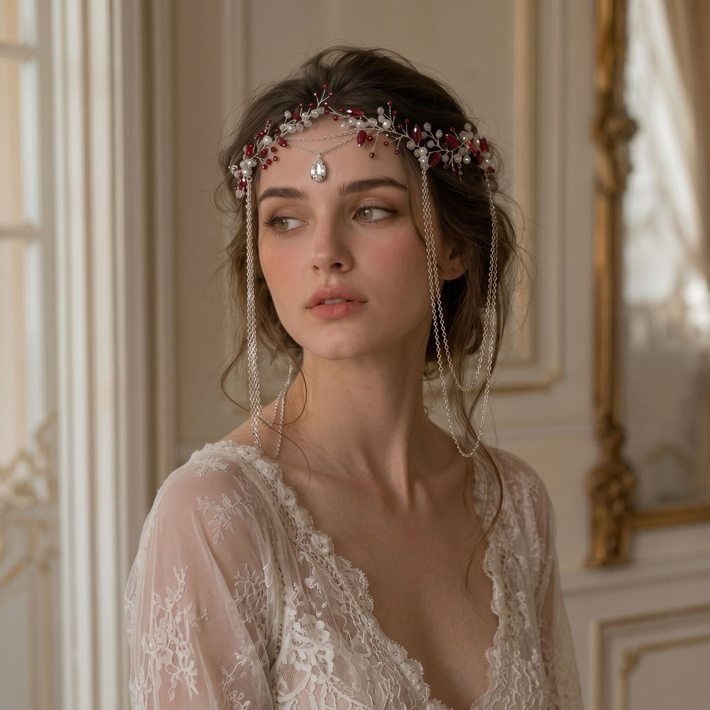 Handmade with ruby-red crystal beads, ivory pearls, and clear faceted crystals