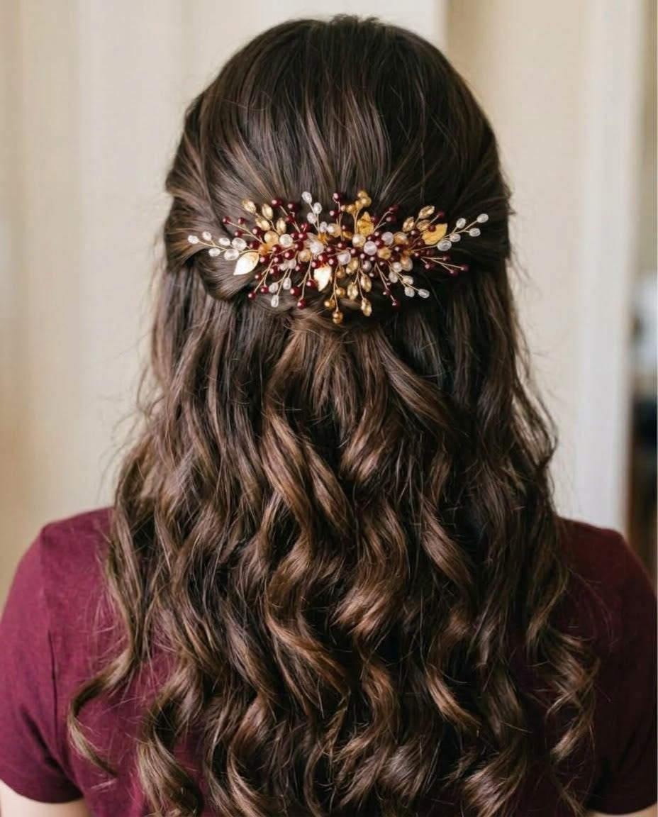 Burgundy Crystal & Gold Leaf Handcrafted Hair Vine / Comb