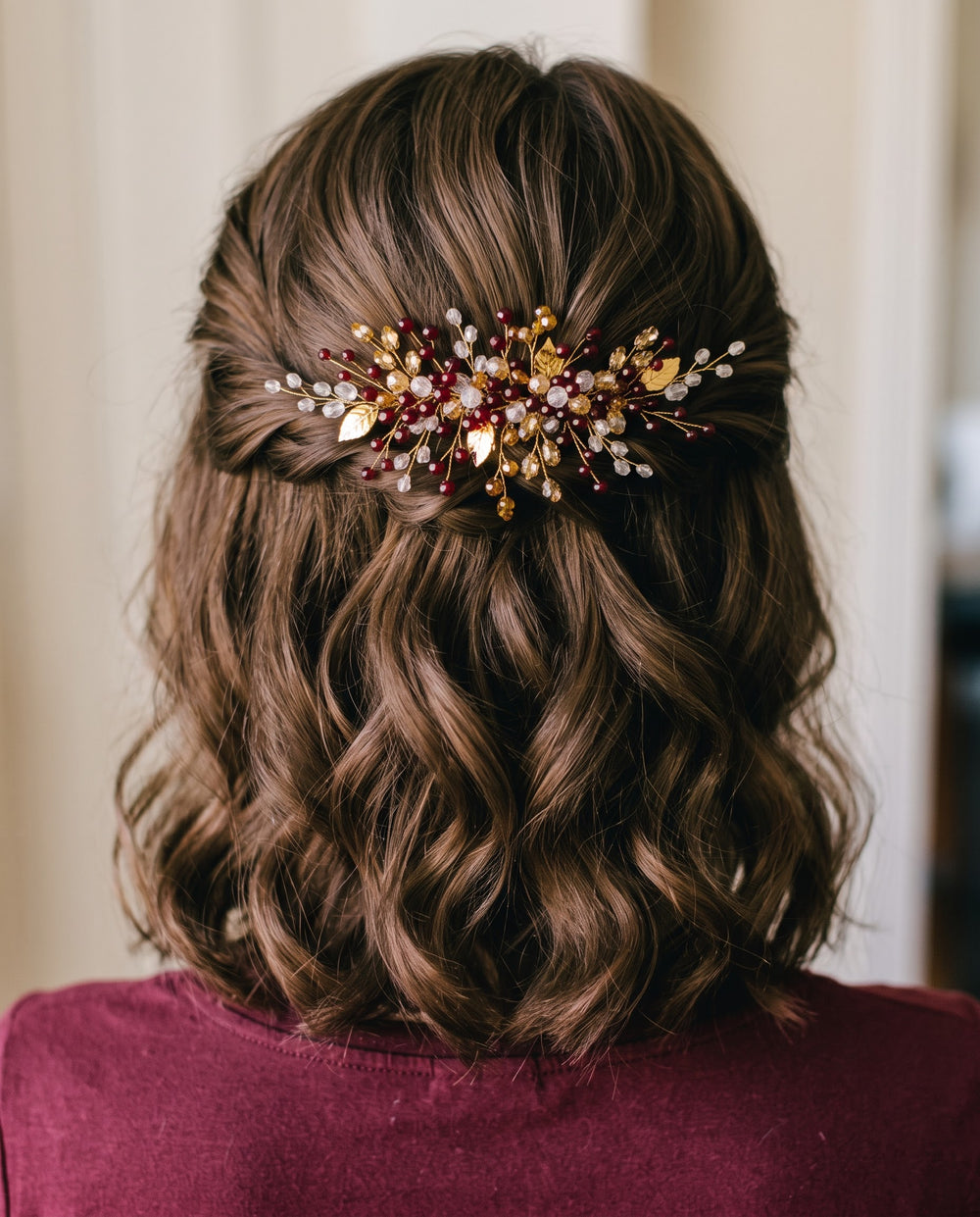 Burgundy Crystal & Gold Leaf Handcrafted Hair Vine / Comb