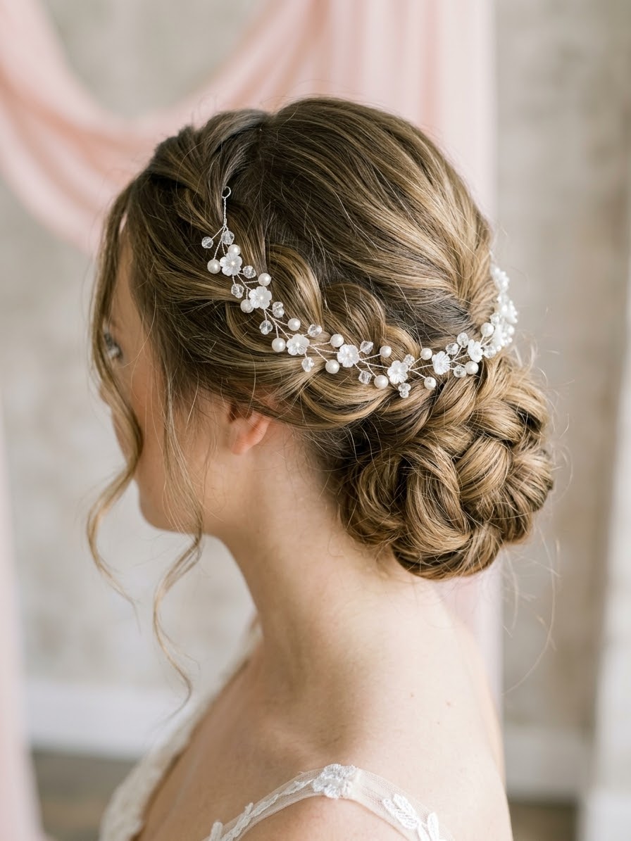Pearl & Crystal Hair Vine with Ribbon Tie