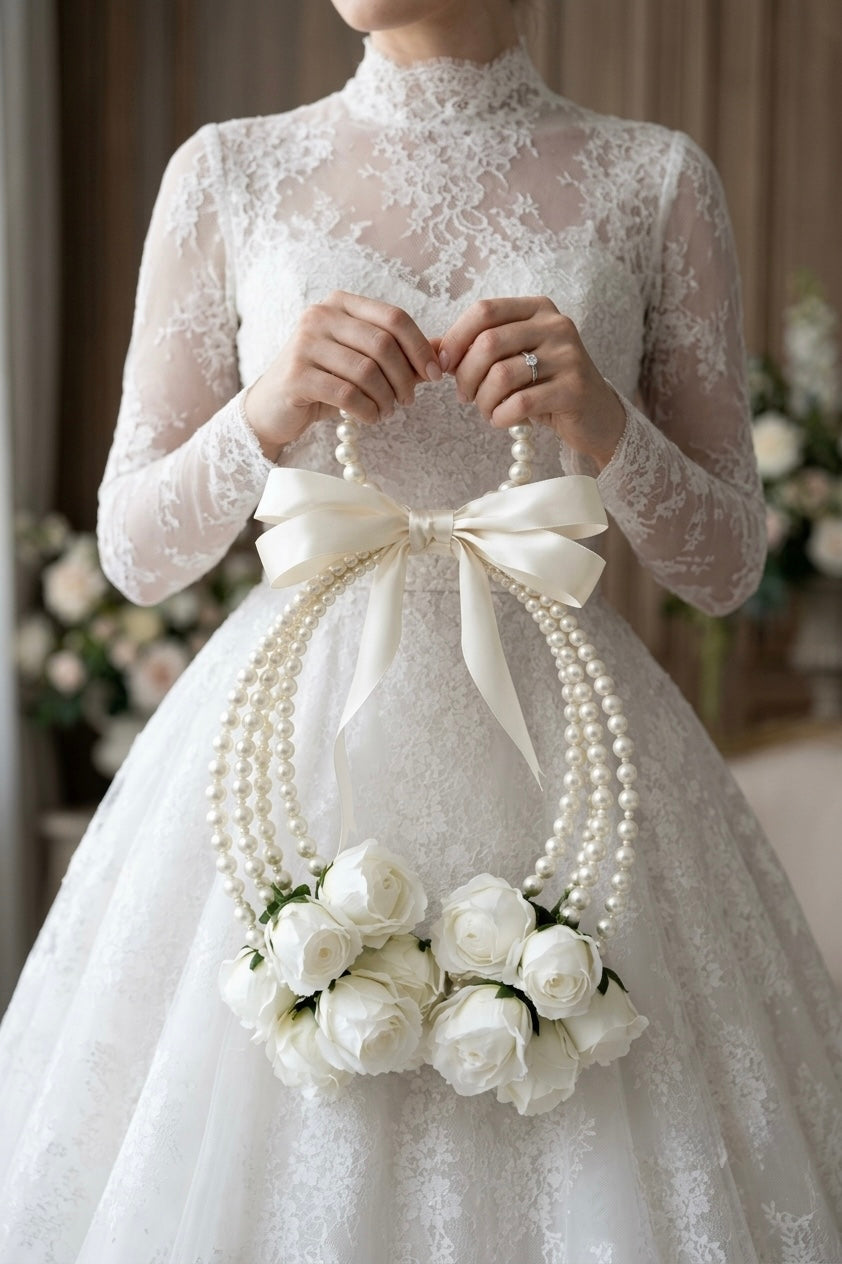 Elegant Pearl Loop Bridal Bouquet & Floral Purse