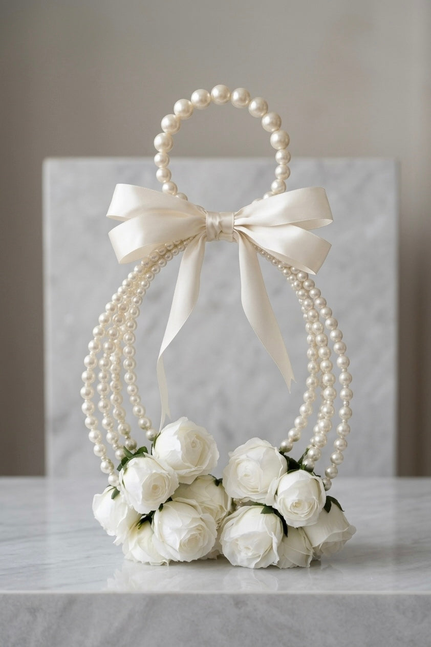 Elegant Pearl Loop Bridal Bouquet & Floral Purse
