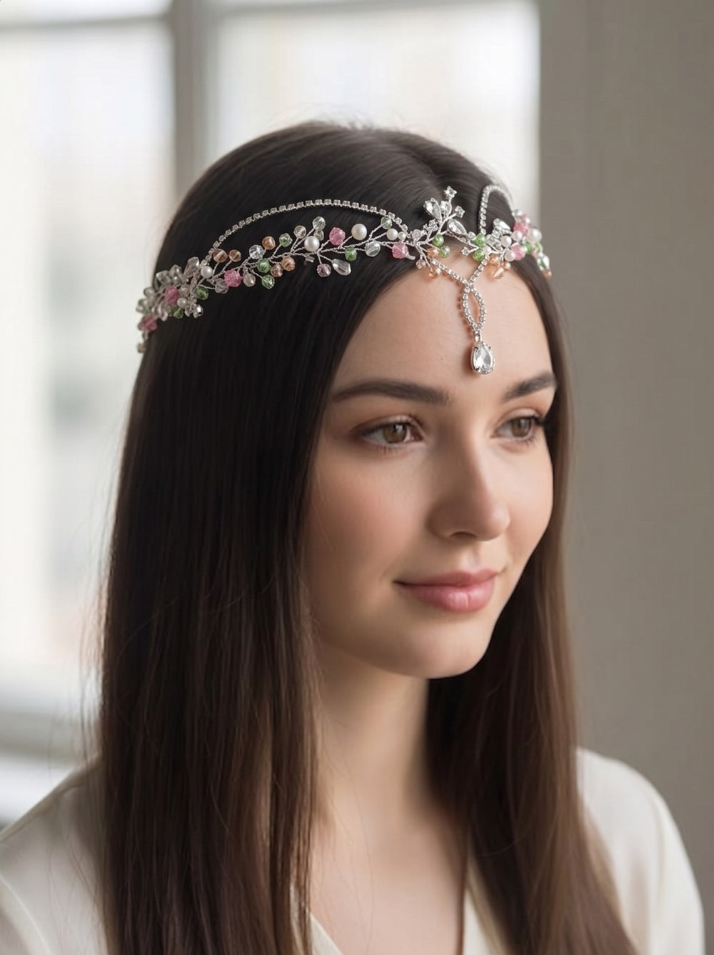 Pastel Crystal & Pearl Silver Bridal Hair Vine with Teardrop Centerpiece