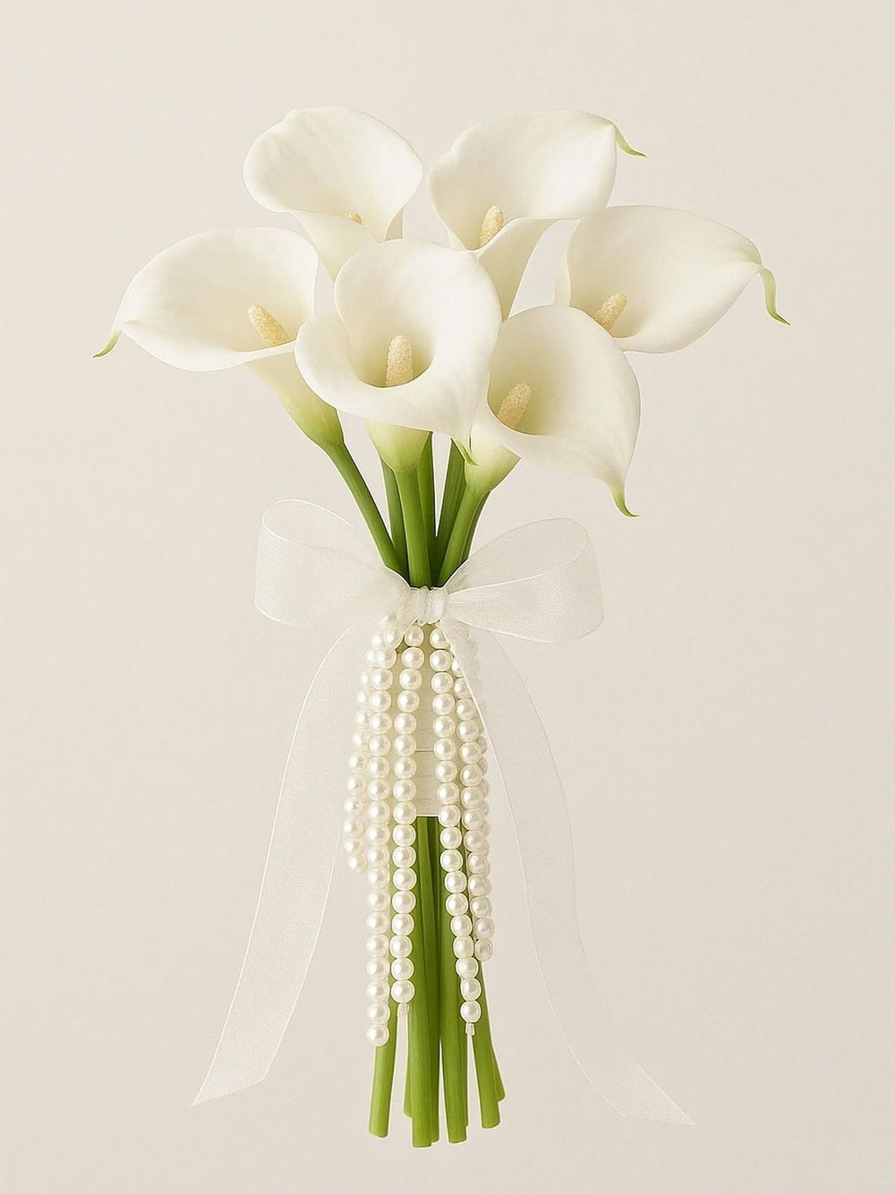 Elegant White Calla Lily Bridal Bouquet with Pearl Tassels