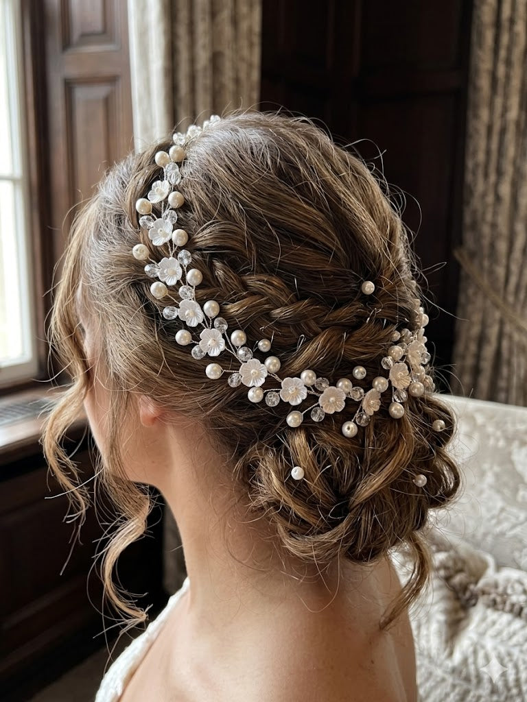 Pearl & Crystal Hair Vine with Ribbon Tie