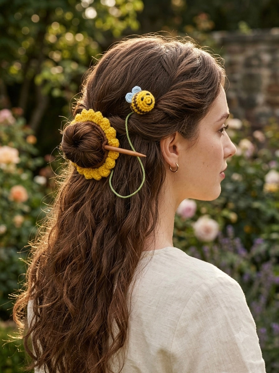 Handmade Crochet Sunflower & Bumblebee Hair Tie | Cute Amigurumi Flower Accessory