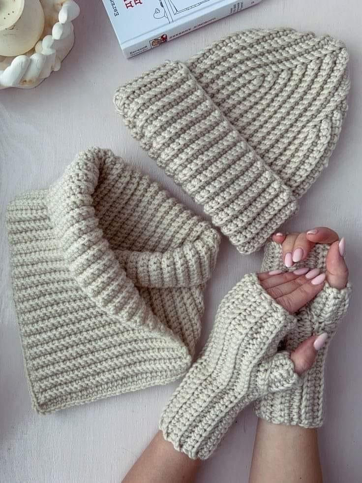 Handmade Woolen Winter Set - Ribbed Beanie Hat, Infinity Scarf Snood, and Fingerless Mittens - 3 Piece Gift Set