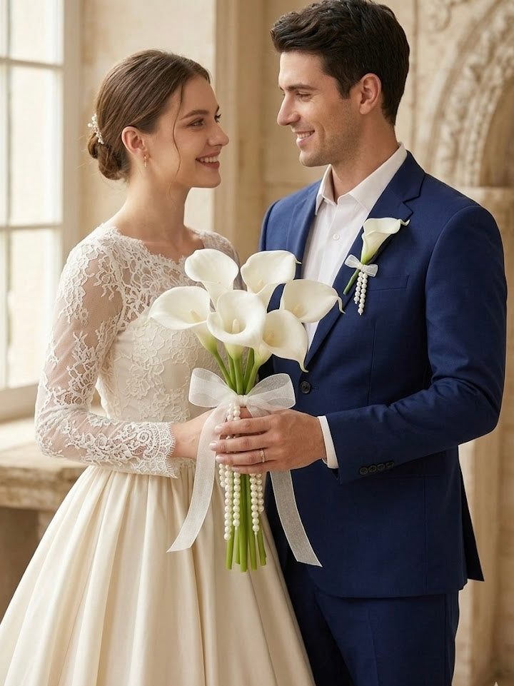 Elegant White Calla Lily Bridal Bouquet with Pearl Tassels