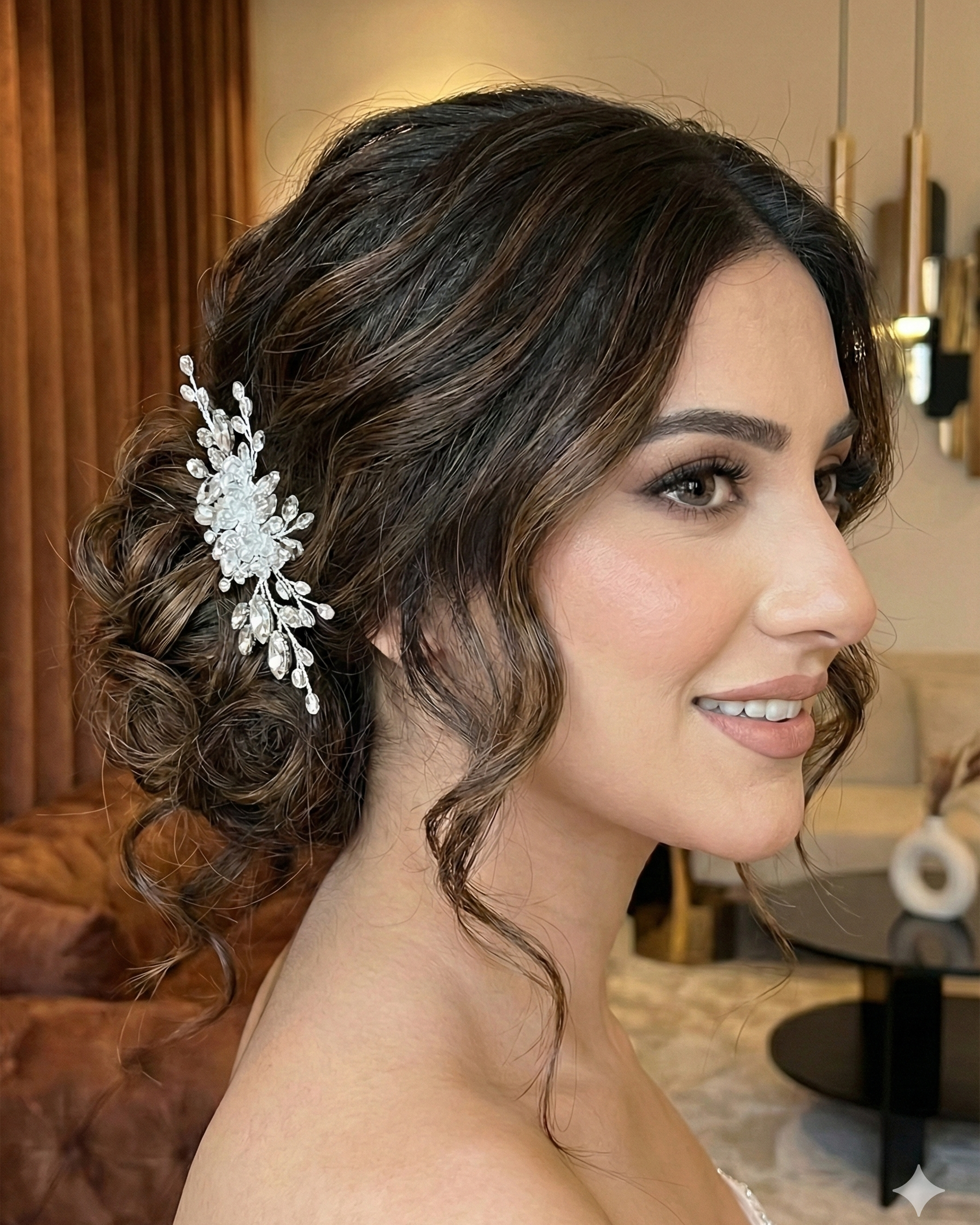 Woman with elegant hairpiece in a stylish setting
