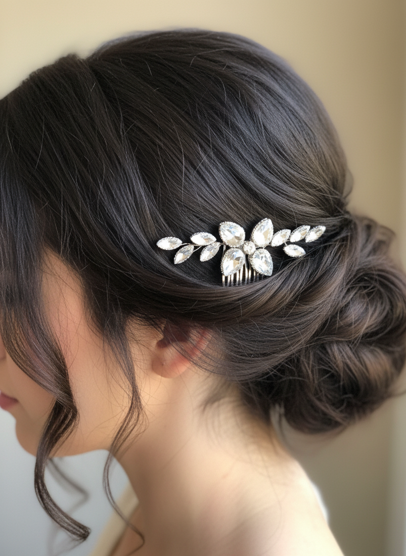 Close-up of a person with an elegant hairpiece featuring leaf-like designs.