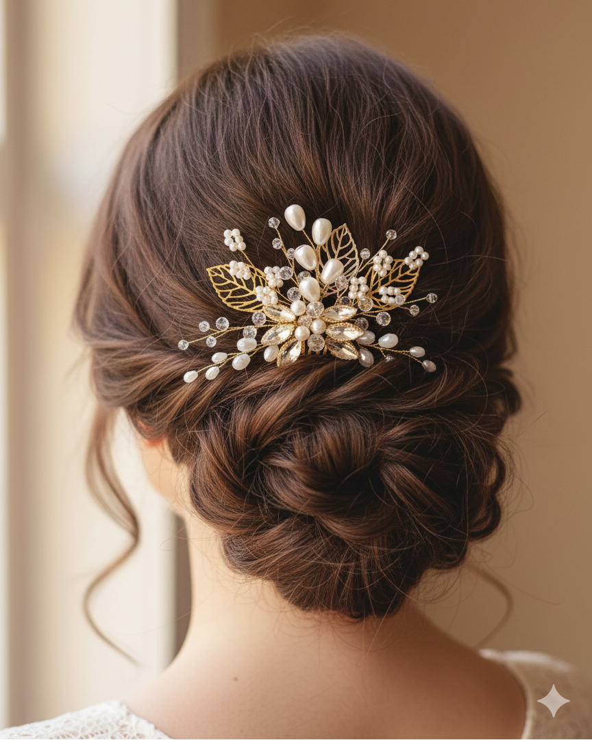 Elegant hairpiece with pearls and gold accents on a styled hairstyle against a neutral background