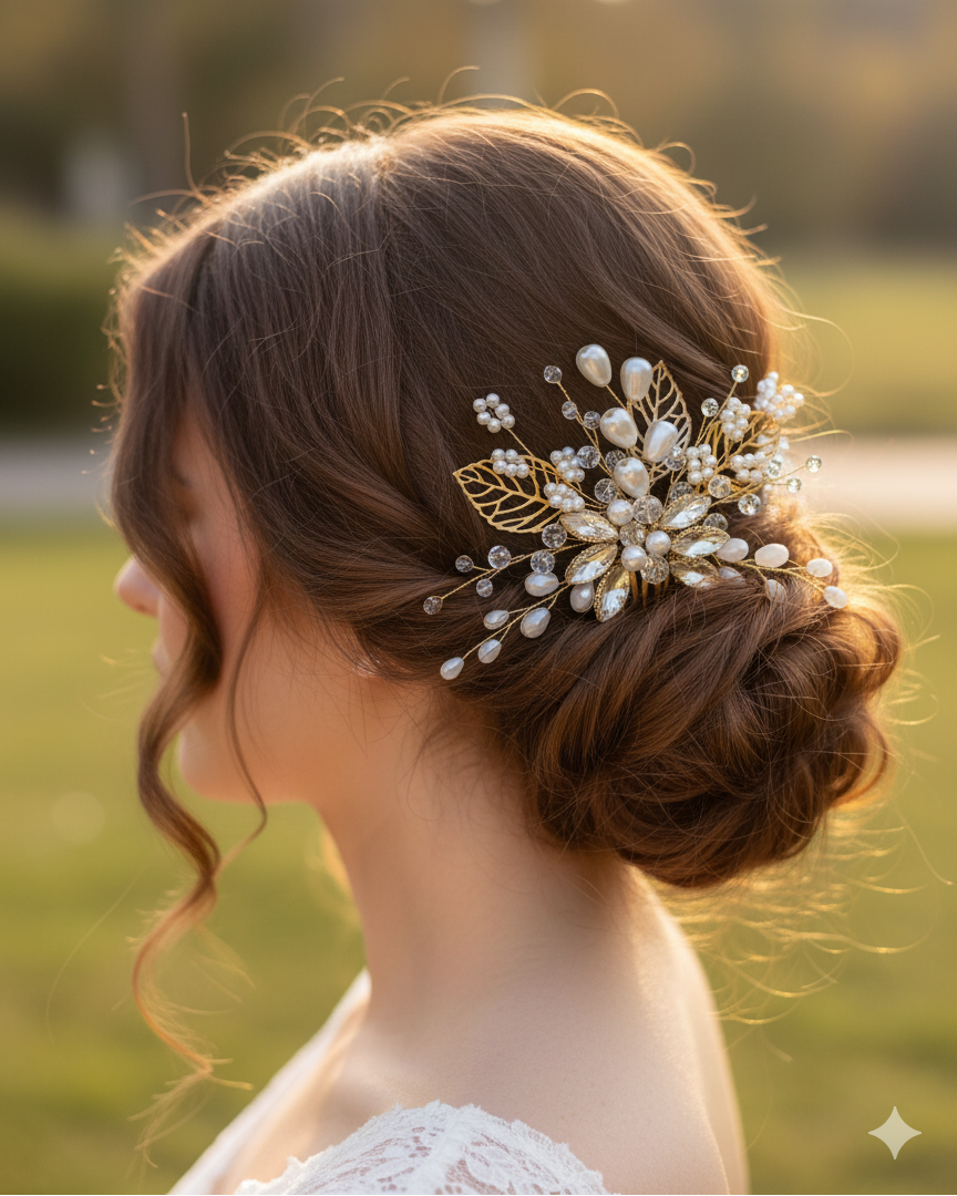 Woman with a decorative hairpiece featuring pearls and gold leaves against a blurred natural background