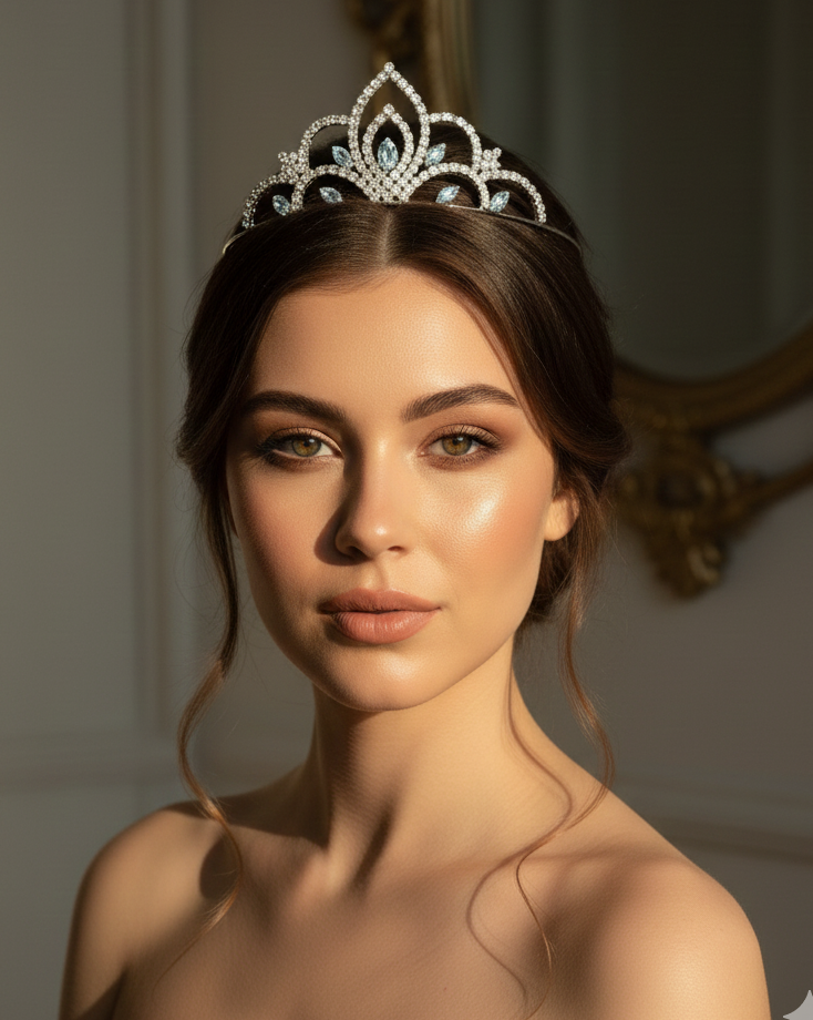 Woman wearing a tiara in a softly lit room with a decorative mirror in the background