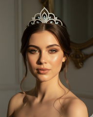 Woman wearing a tiara in a softly lit room with a decorative mirror in the background
