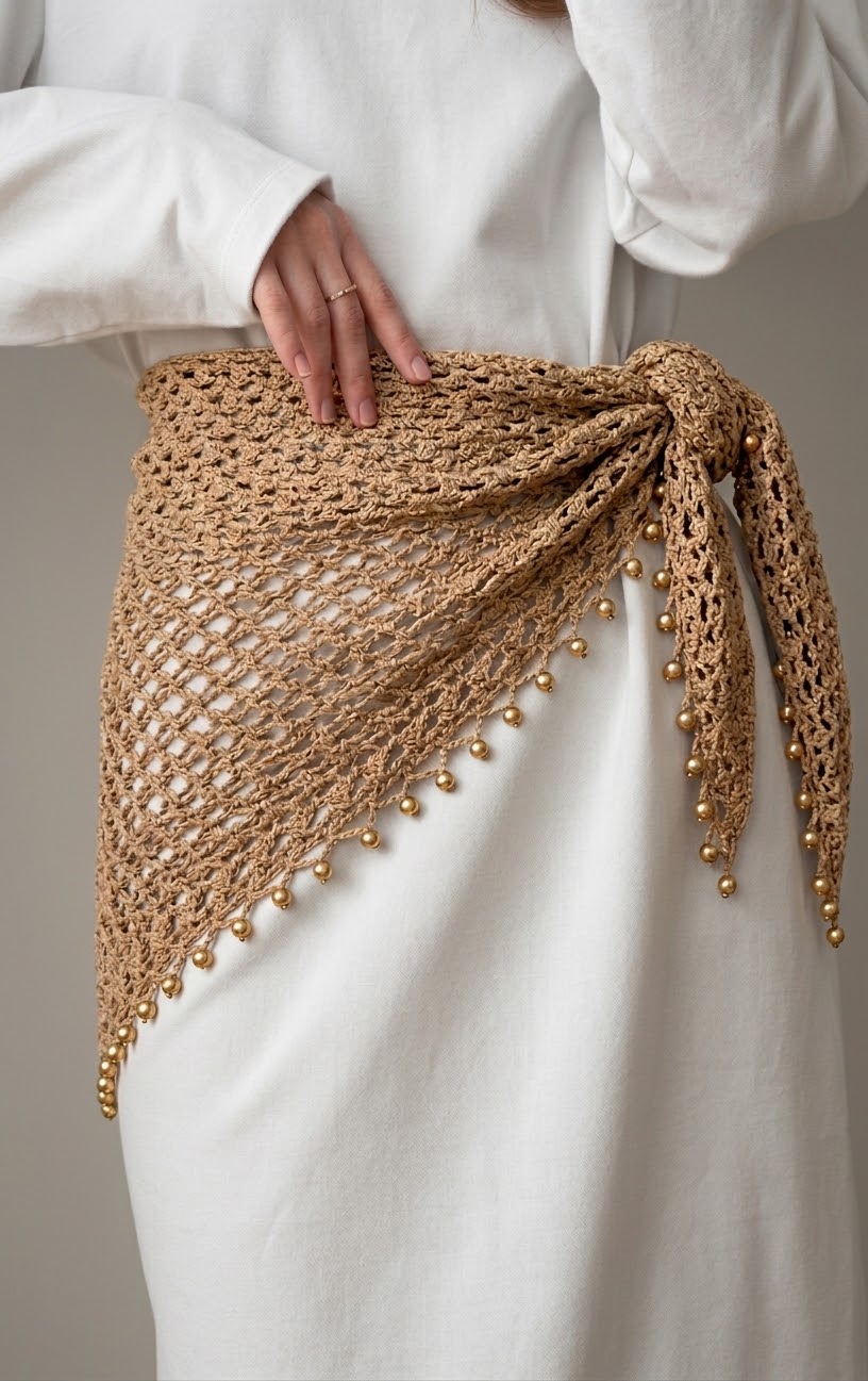 Handcrafted Crochet Raffia Hip Scarf & Tie Belt with Gold Bead Trim