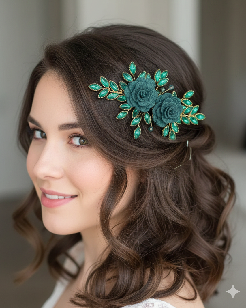 Woman with teal floral hair accessory in her brown hair