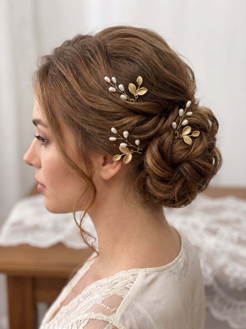 Gold Leaf and Pearl bridal hair pins