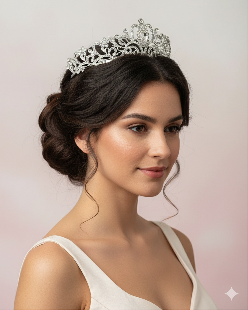 Woman wearing a silver tiara against a light pink background