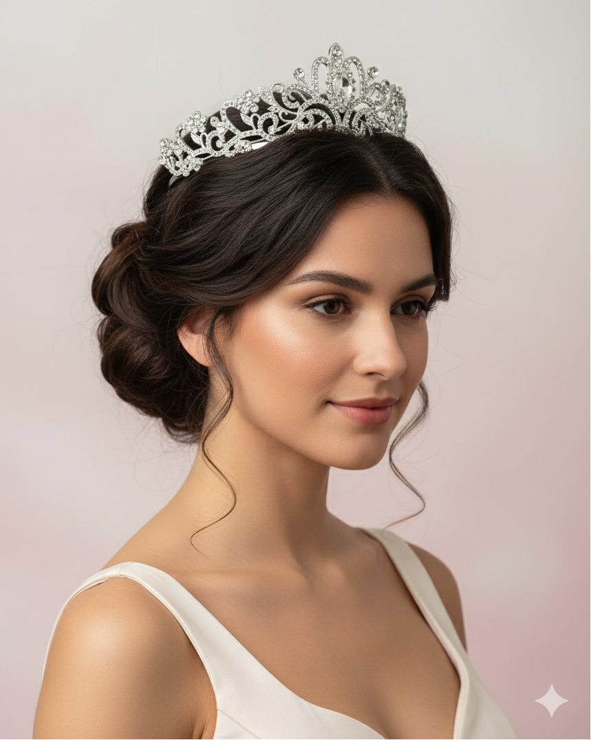 Woman wearing a silver tiara against a light pink background