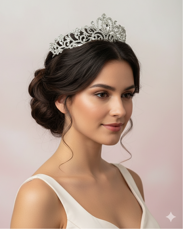 Woman wearing a silver tiara against a light pink background
