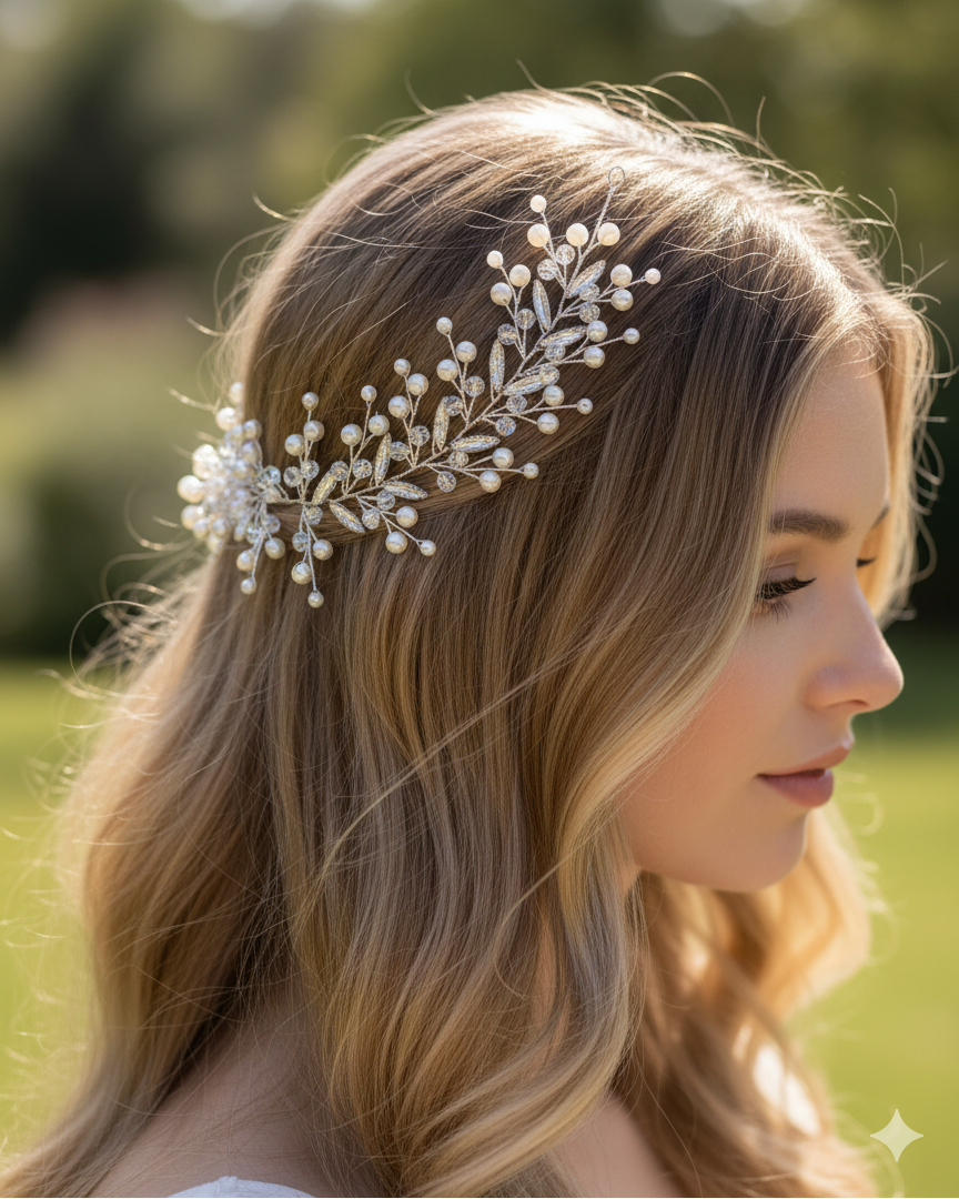 Woman wearing a decorative hairpiece outdoors with greenery in the background