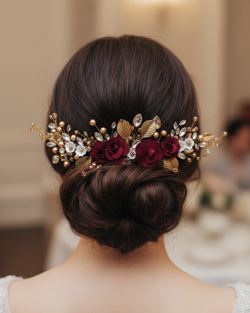 Woman with elegant hair bun adorned with floral and leaf accessories in a blurred indoor setting