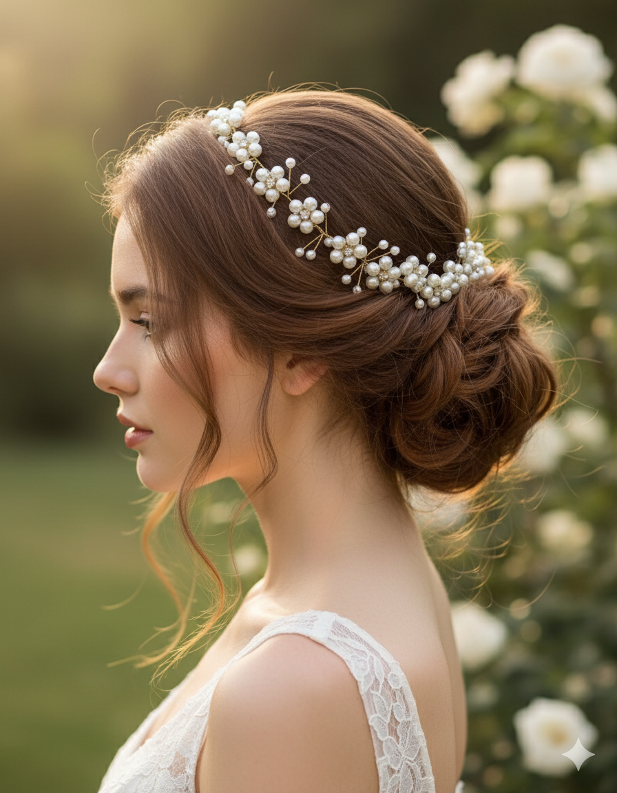 Woman with elegant hair accessory in a garden setting