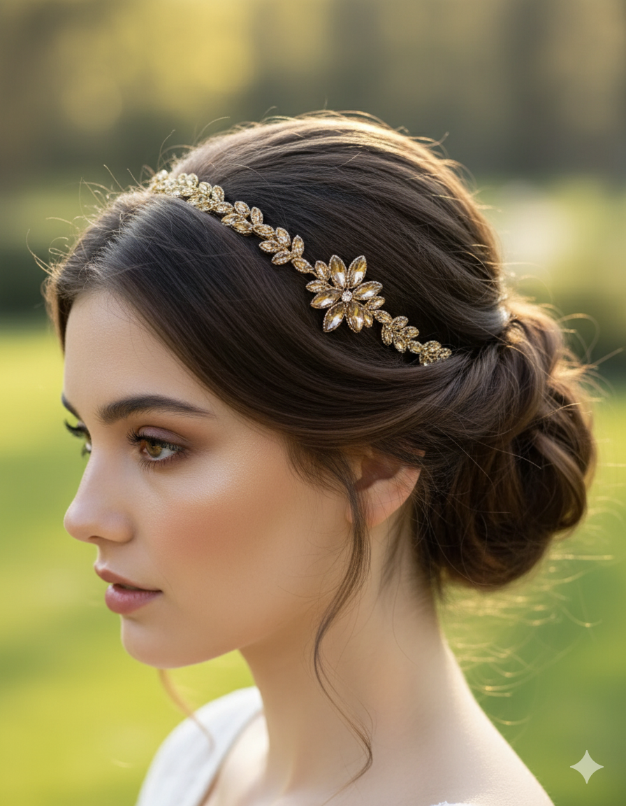Woman wearing a gold headband with floral design outdoors