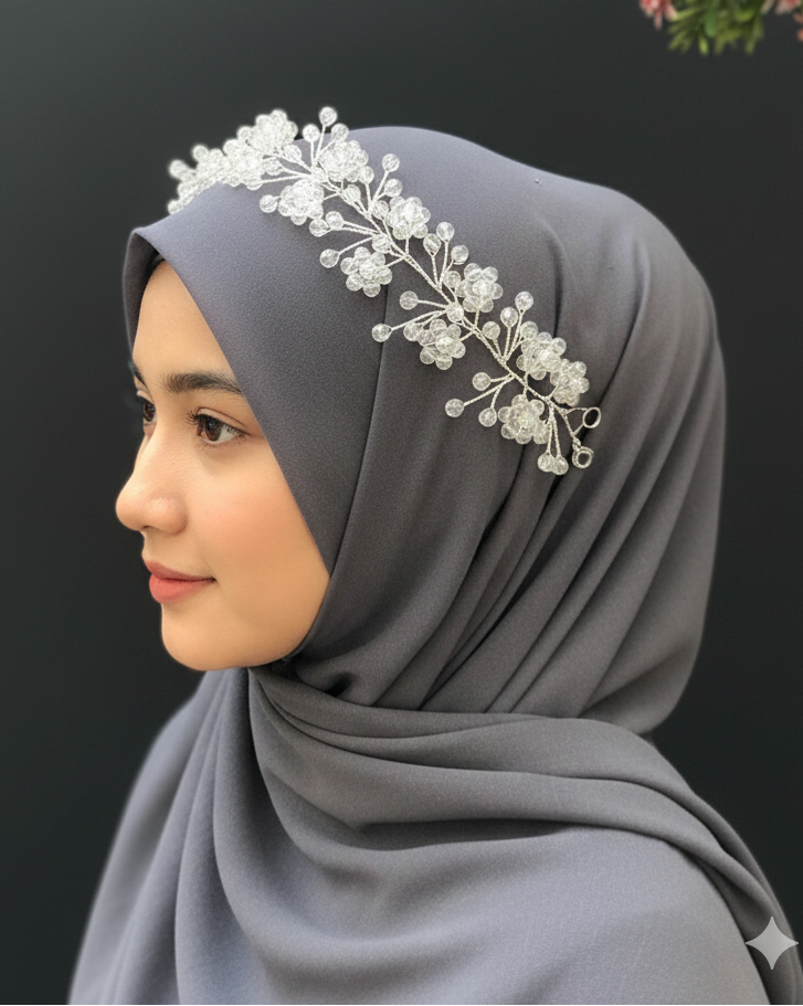 Woman wearing a gray hijab with a decorative headband against a dark background