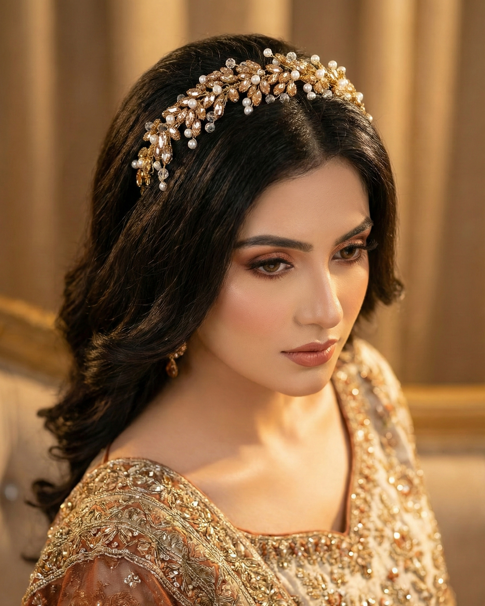 Woman wearing a decorative headpiece and traditional outfit with a warm, blurred background