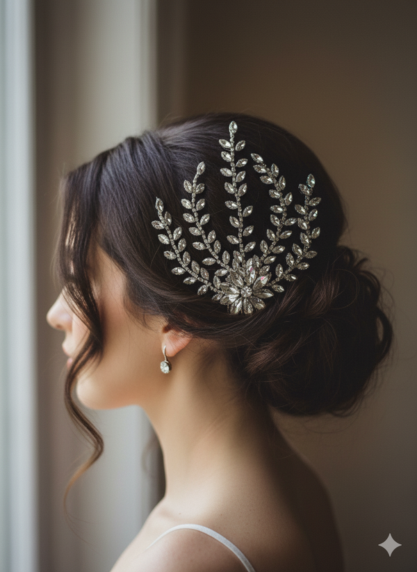 Woman with an elegant hairpiece and earrings, standing against a neutral background