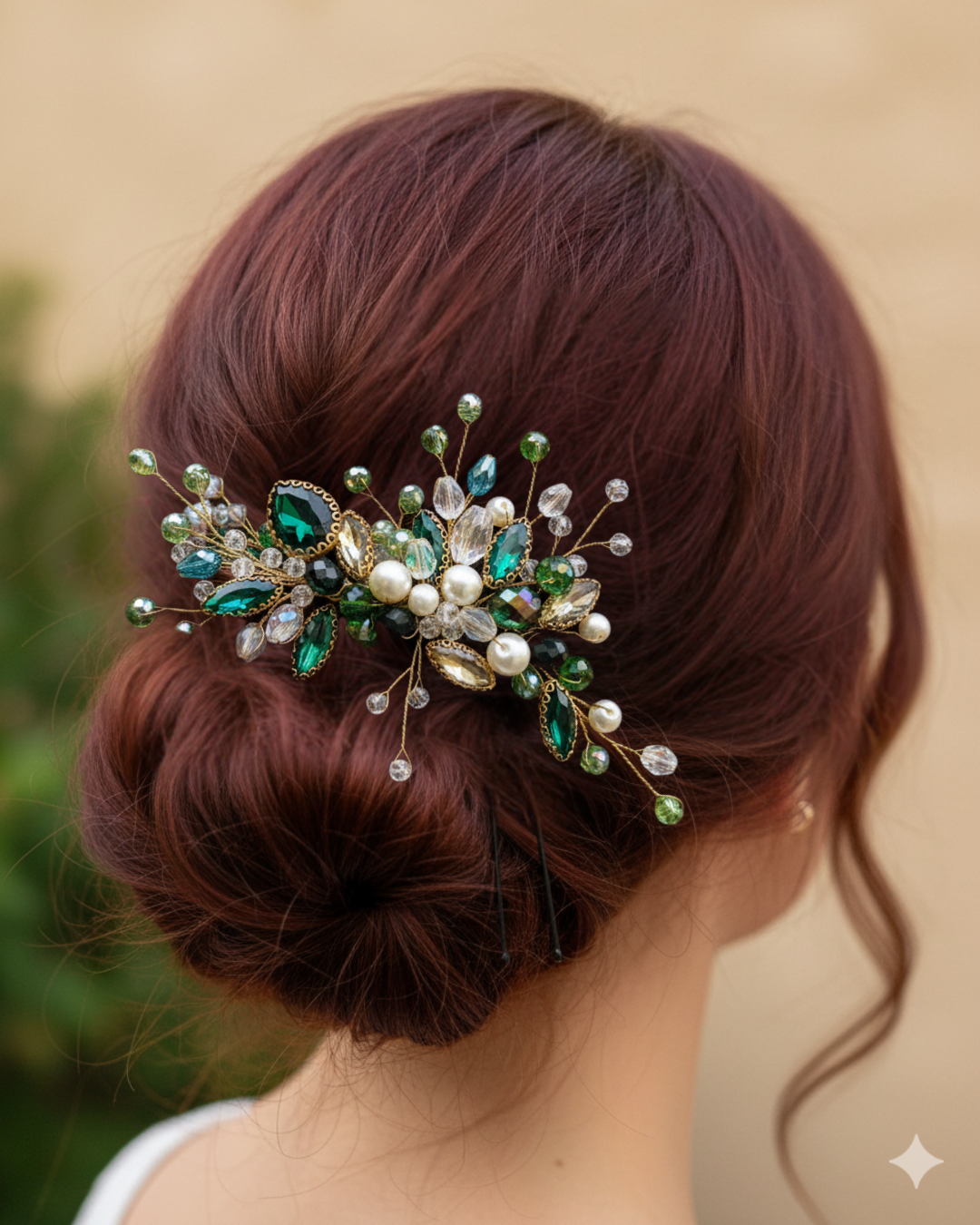 Hair bun with decorative jewelry against a neutral background