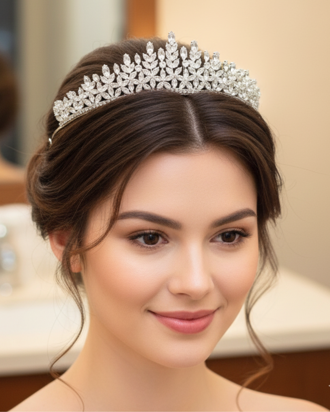 Woman wearing a sparkling tiara with a blurred background